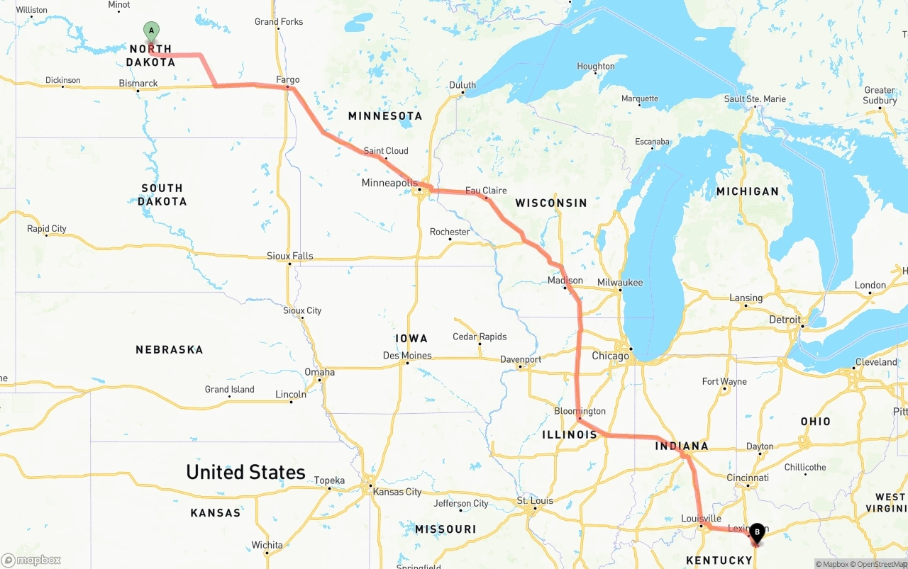 Shipping route from North Dakota to Kentucky