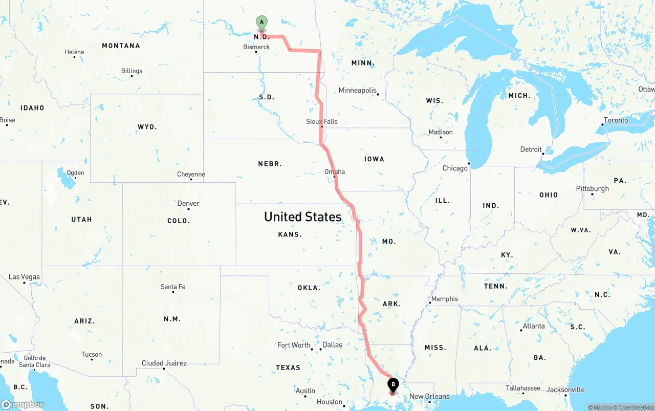 Shipping route from North Dakota to Louisiana