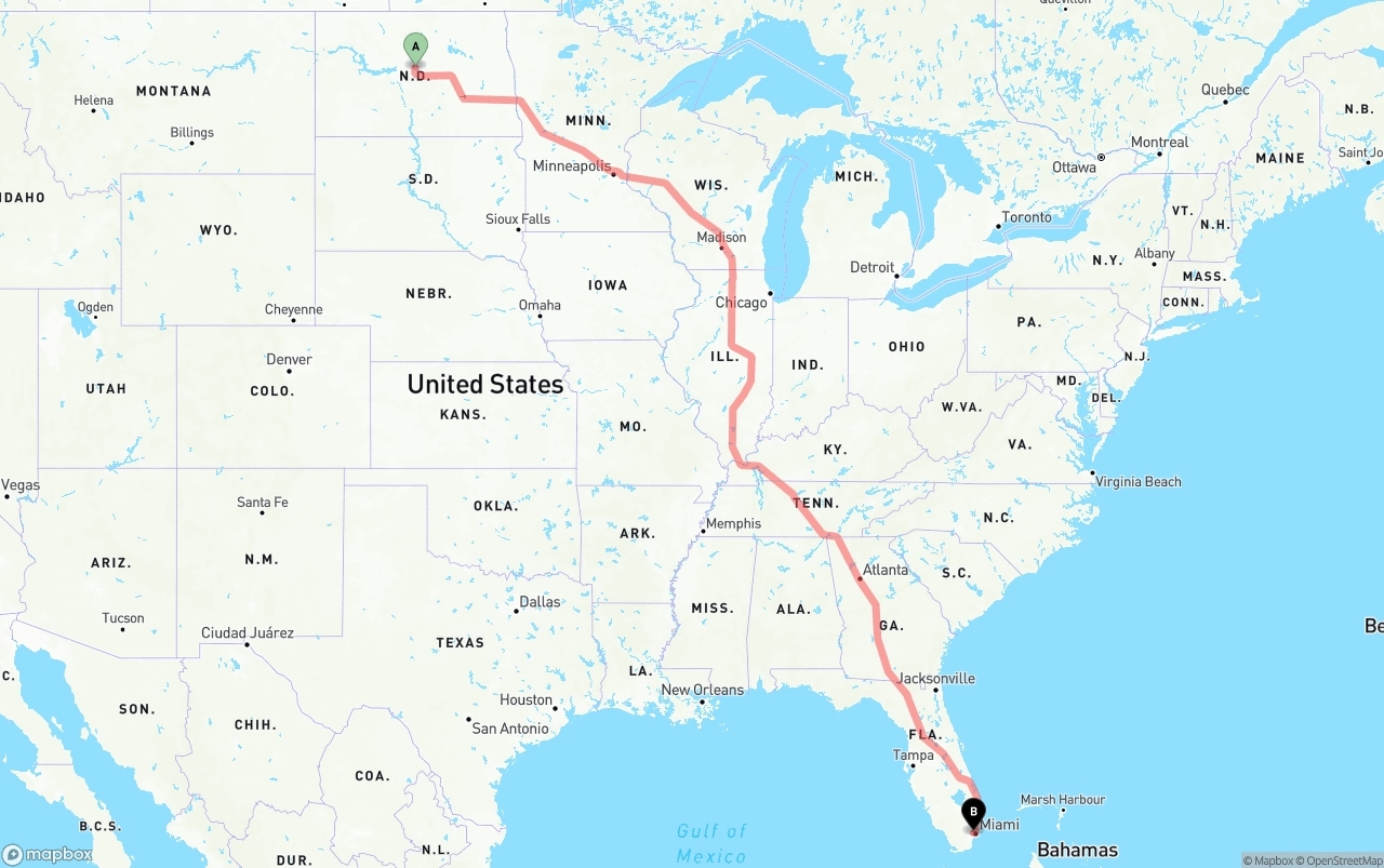 Shipping route from North Dakota to Miami International Airport