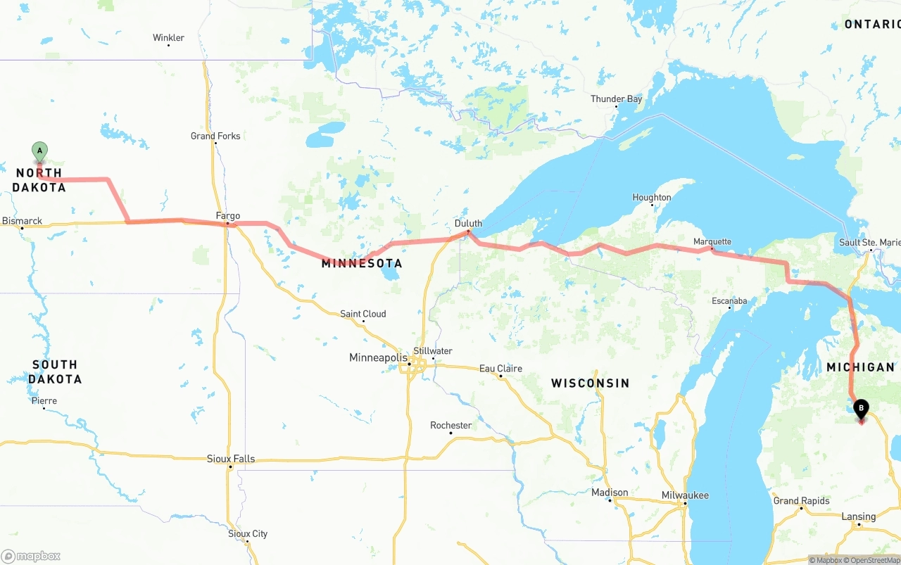 Shipping route from North Dakota to Michigan