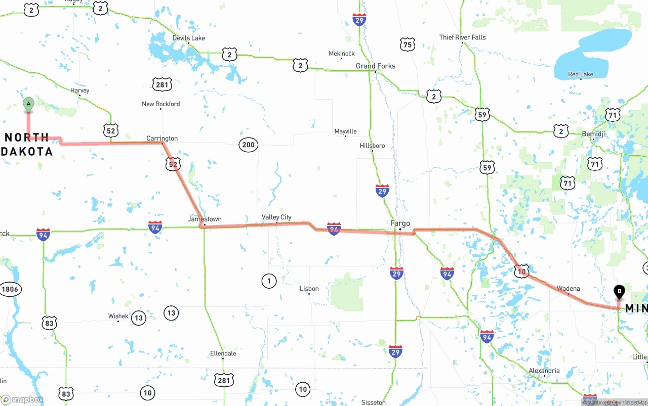 Shipping route from North Dakota to Minnesota