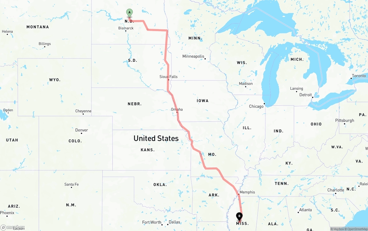 Shipping route from North Dakota to Mississippi