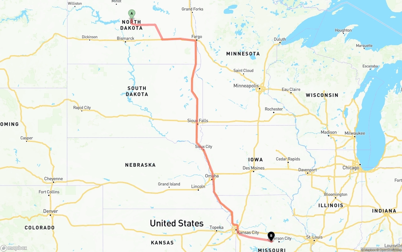 Shipping route from North Dakota to Missouri