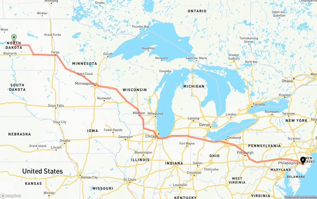 Shipping route from North Dakota to New Jersey