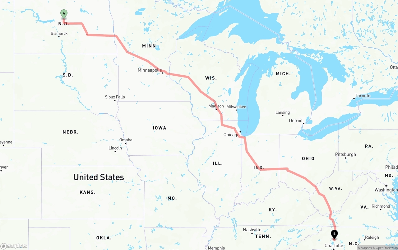 Shipping route from North Dakota to North Carolina