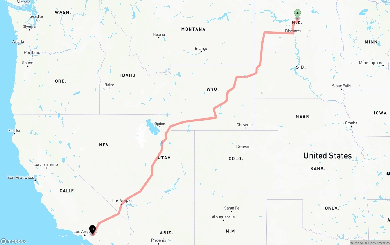 Shipping route from North Dakota to Ontario International Airport