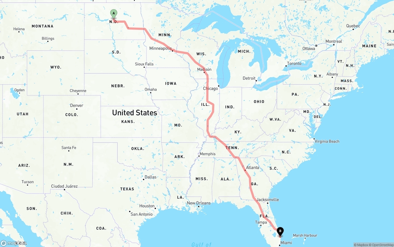 Shipping route from North Dakota to Palm Beach International Airport