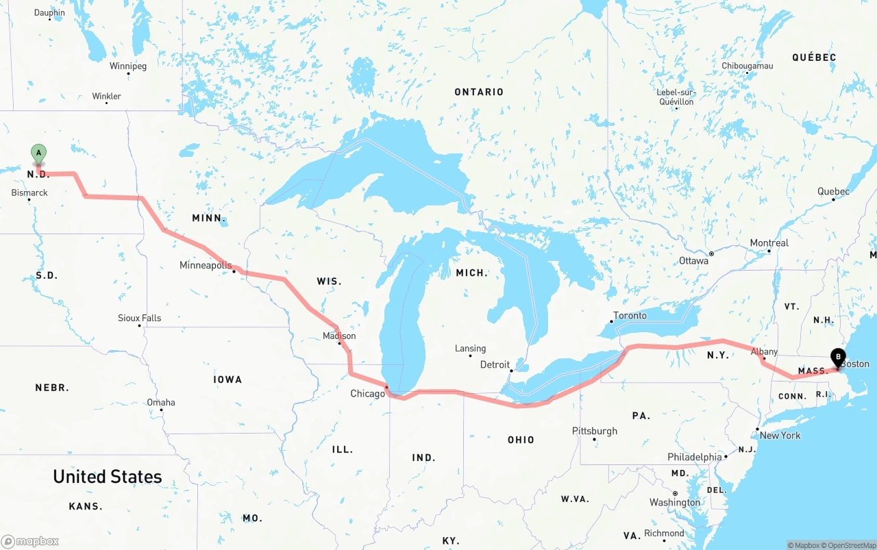 Shipping route from North Dakota to Port of Boston