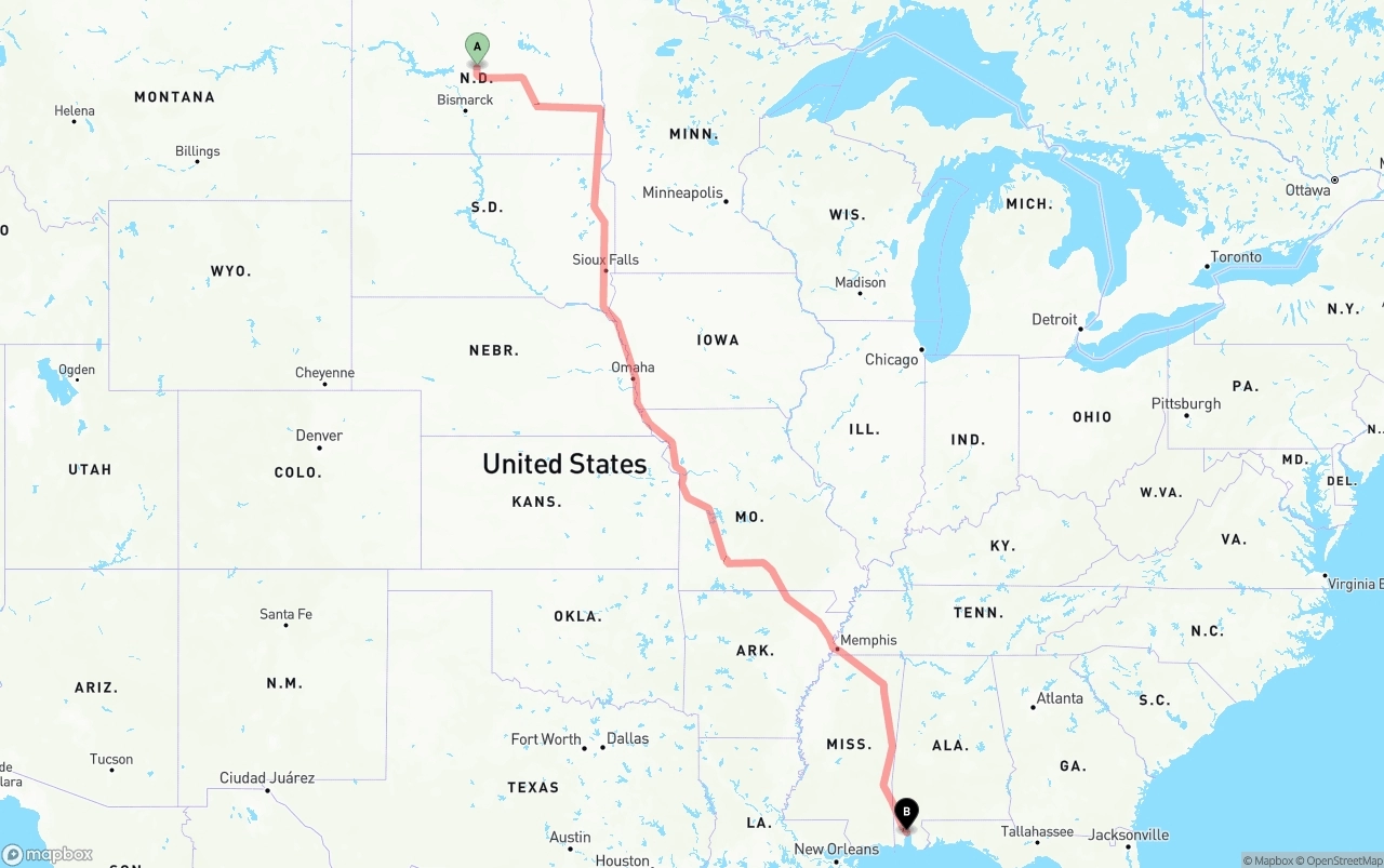 Shipping route from North Dakota to Port of Mobile