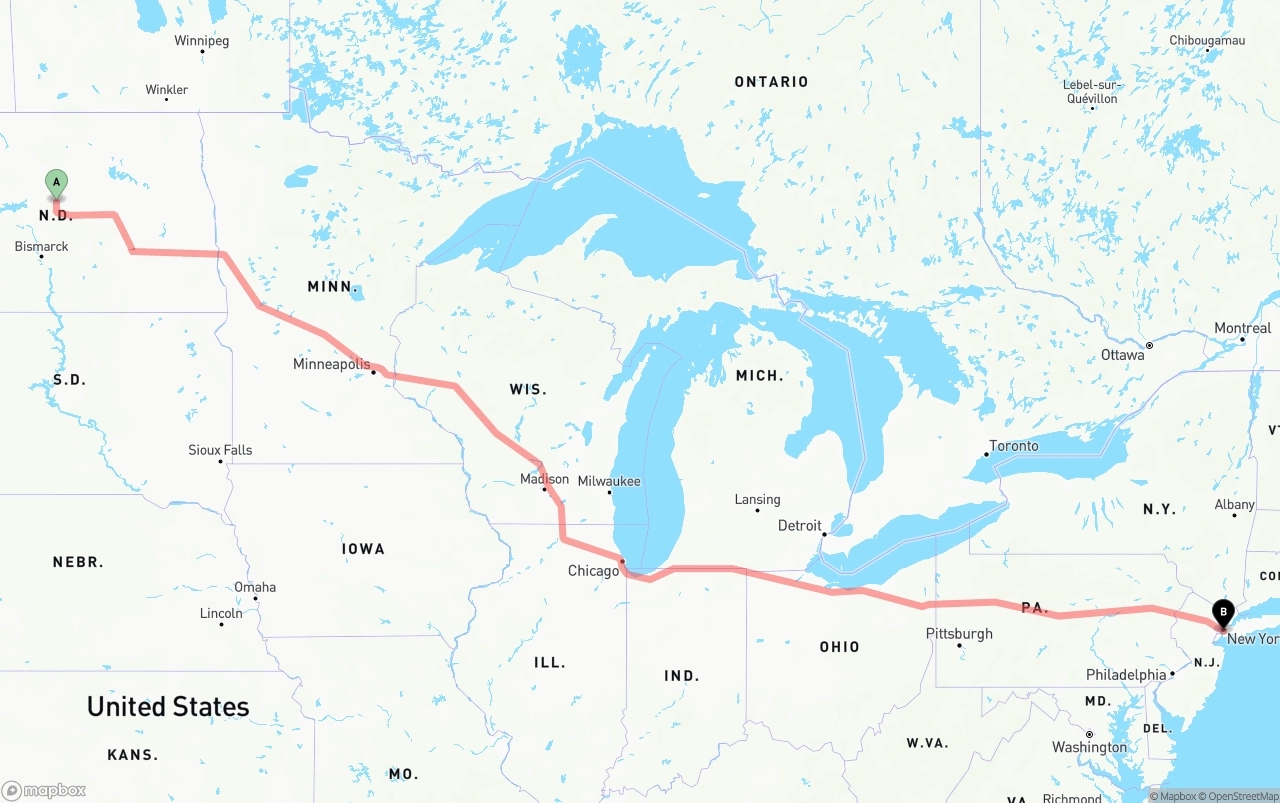 Shipping route from North Dakota to Port of New York