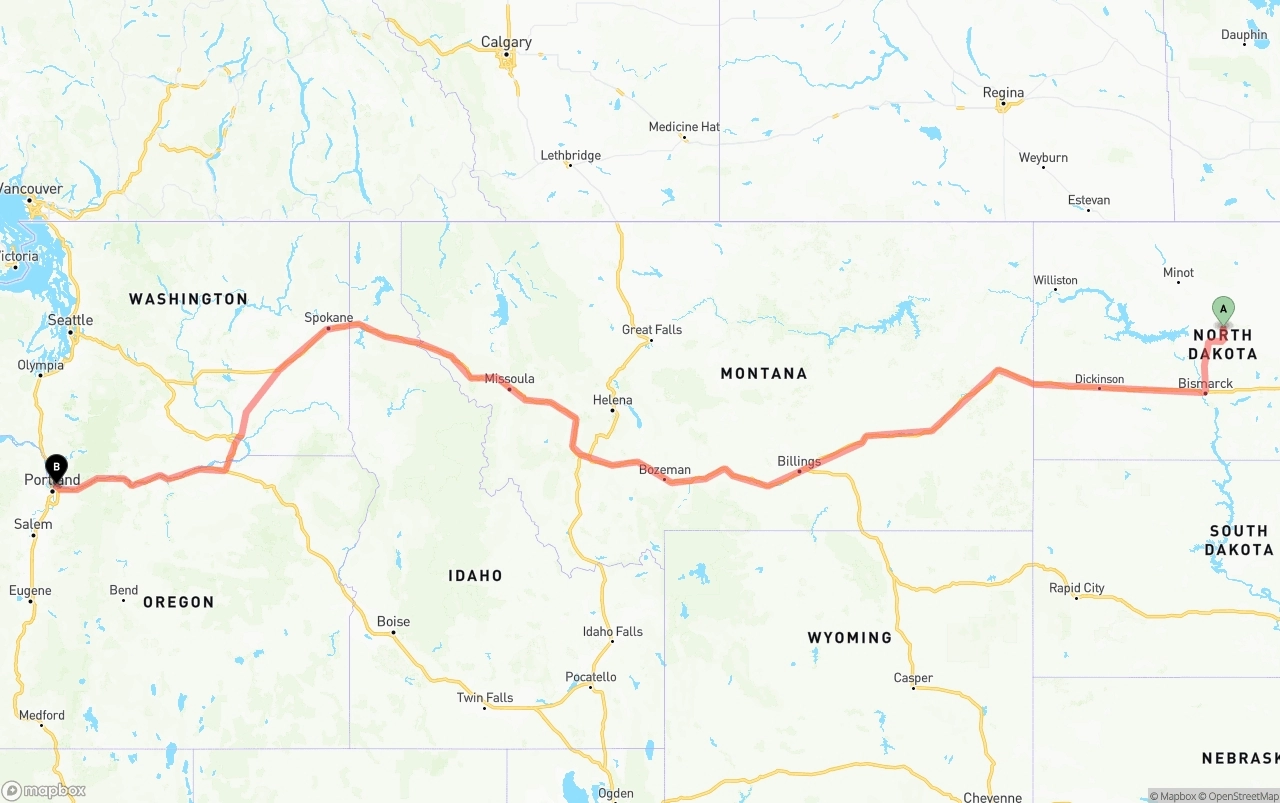 Shipping route from North Dakota to Portland International Airport