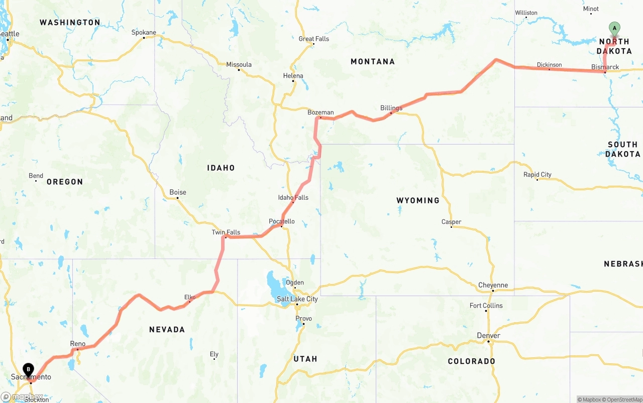 Shipping route from North Dakota to Sacramento International Airport