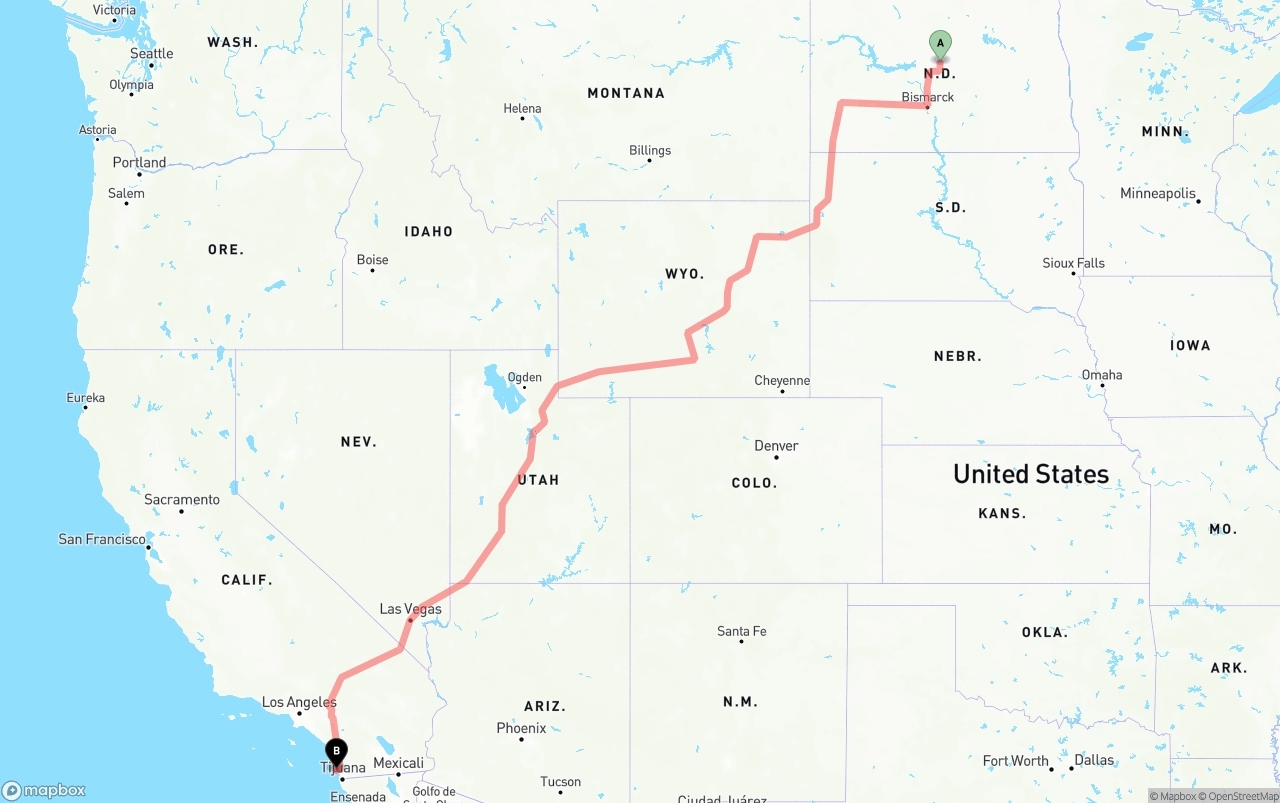 Shipping route from North Dakota to San Diego International Airport