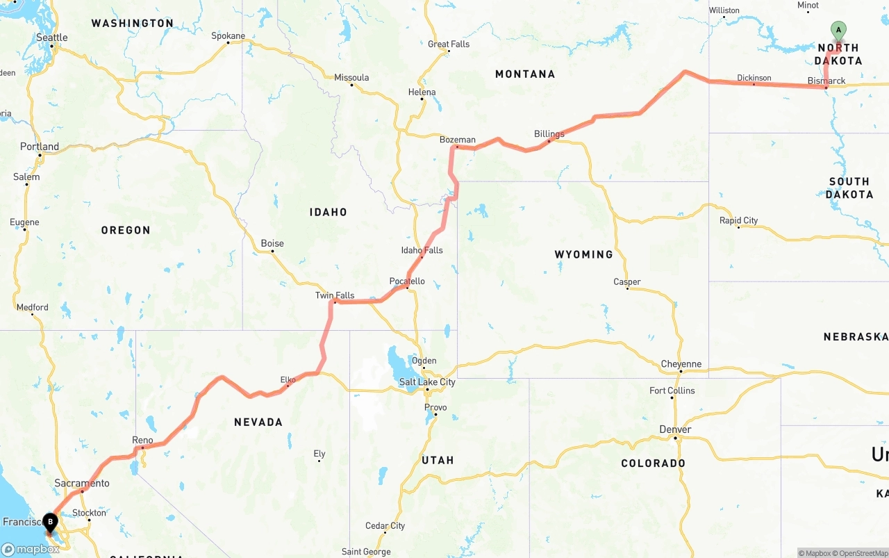 Shipping route from North Dakota to San Francisco International Airport