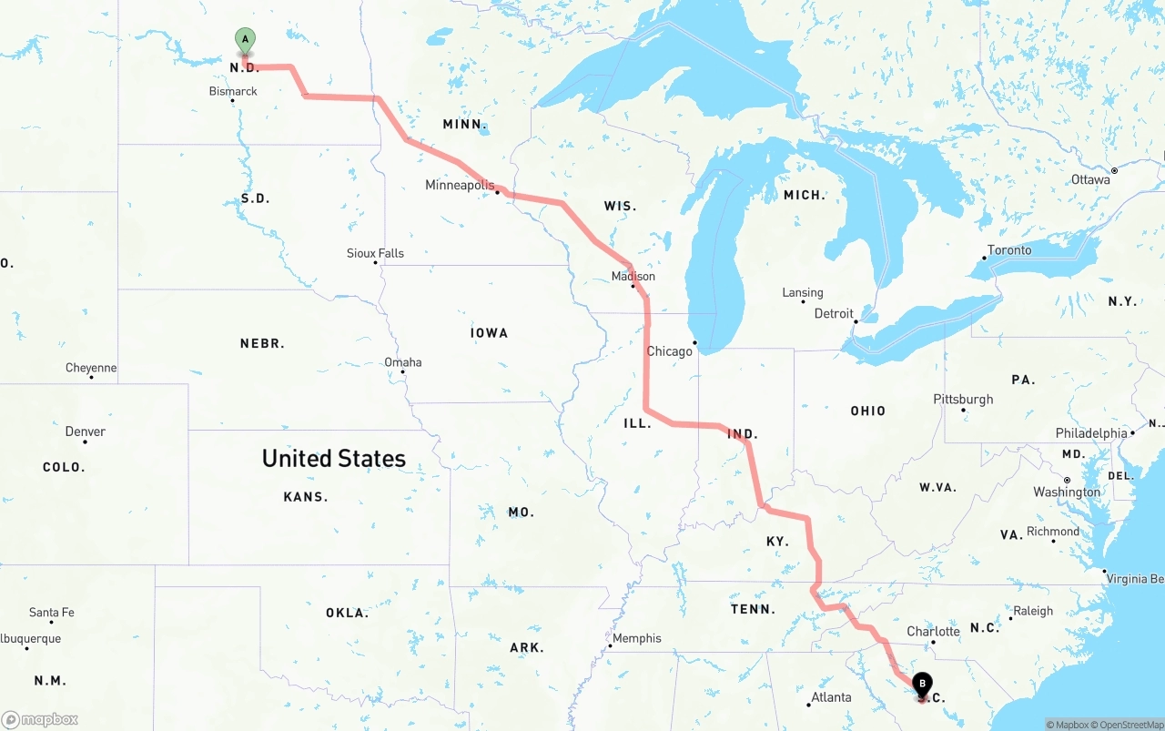 Shipping route from North Dakota to South Carolina