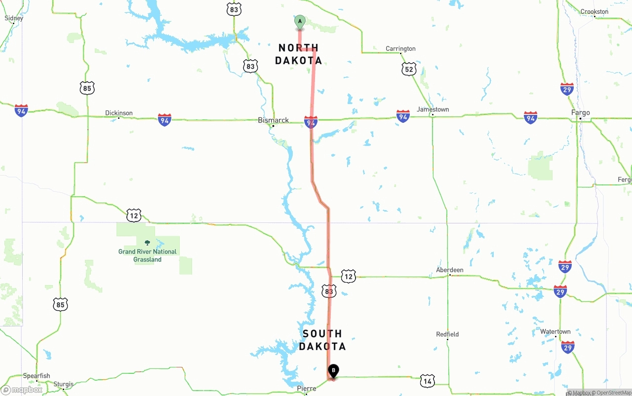 Shipping route from North Dakota to South Dakota