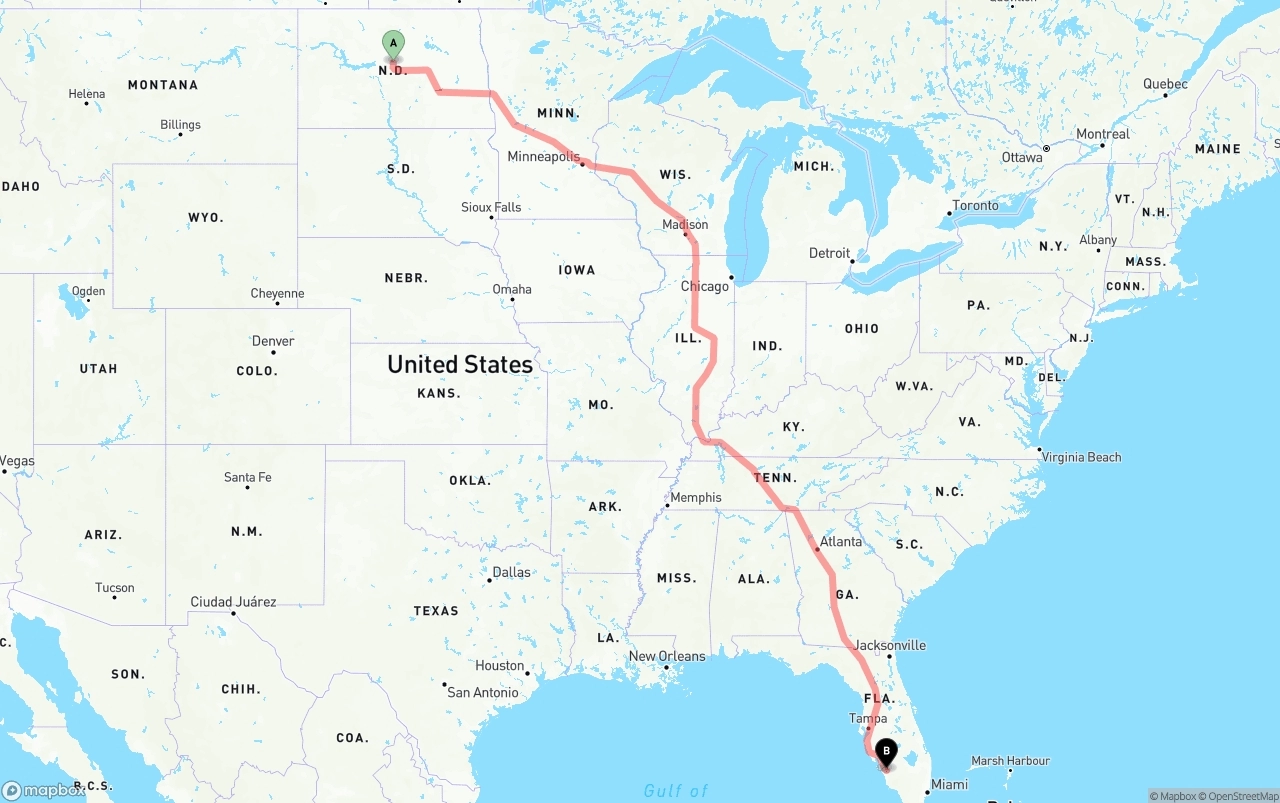 Shipping route from North Dakota to Southwest Florida International Airport