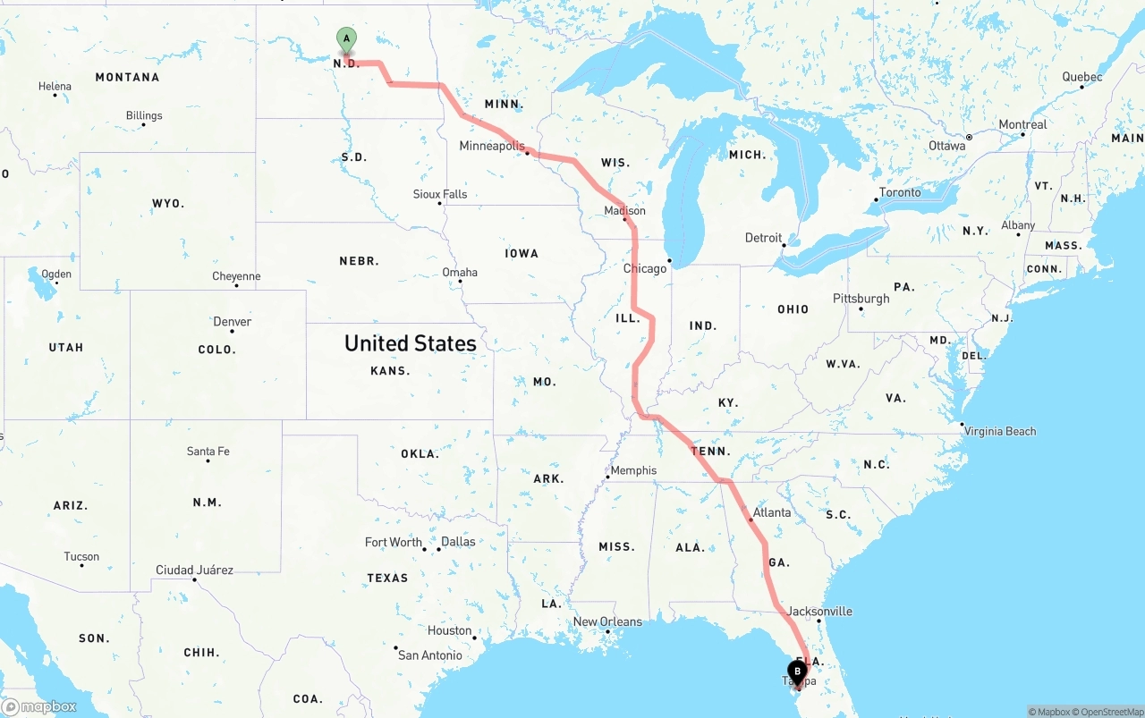 Shipping route from North Dakota to Tampa International Airport