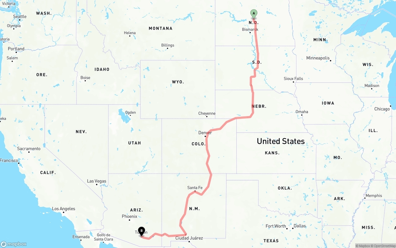 Shipping route from North Dakota to Tucson International Airport
