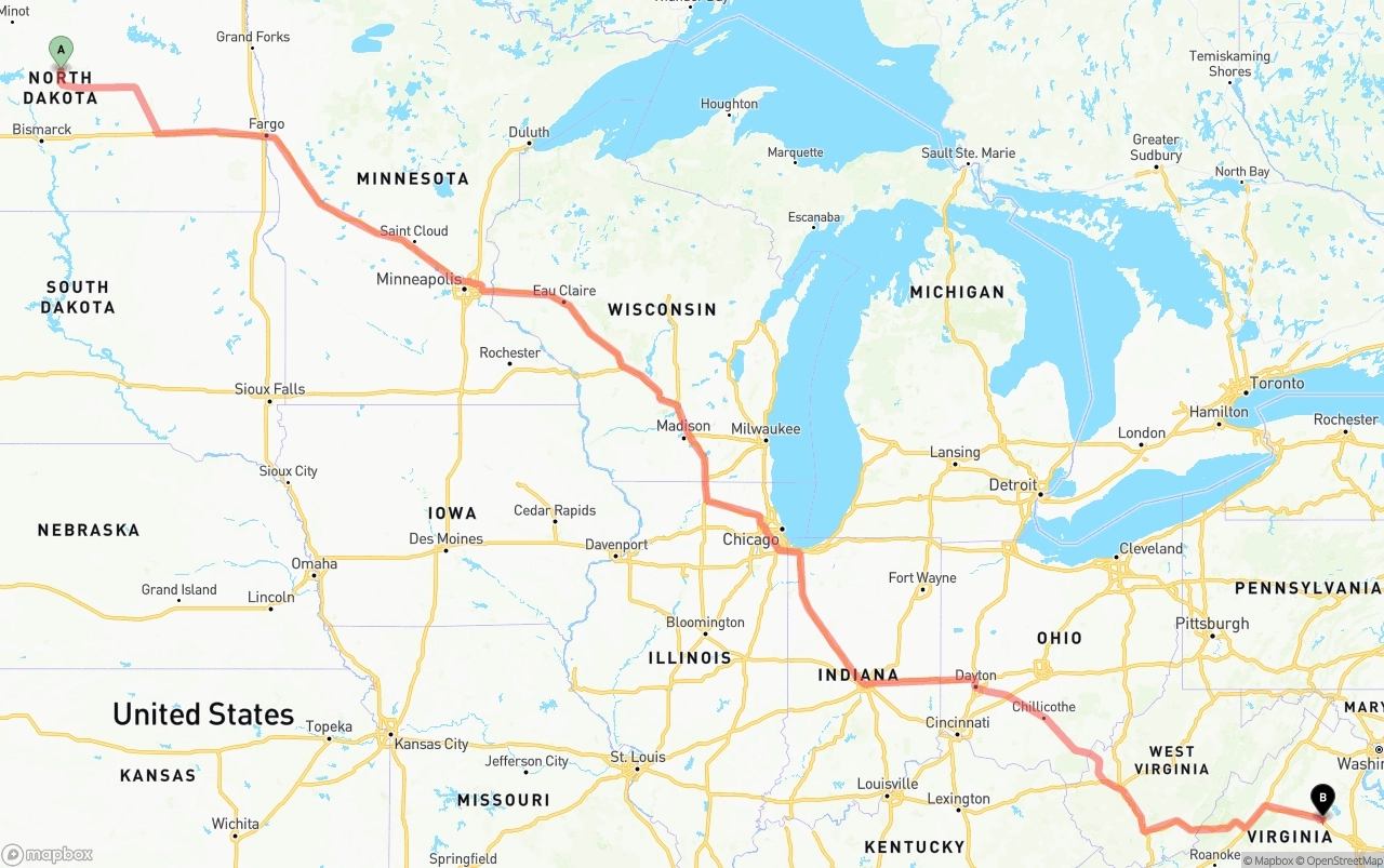 Shipping route from North Dakota to Virginia