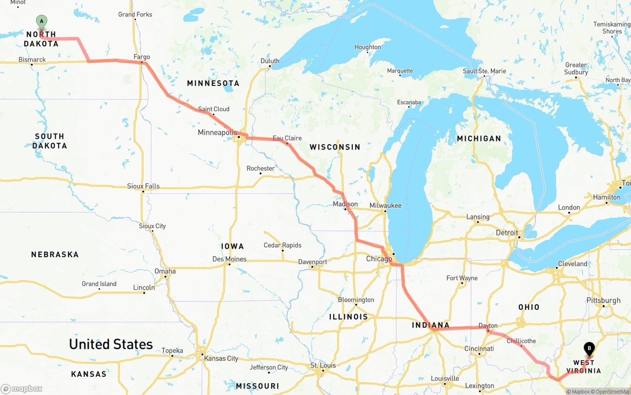 Shipping route from North Dakota to West Virginia