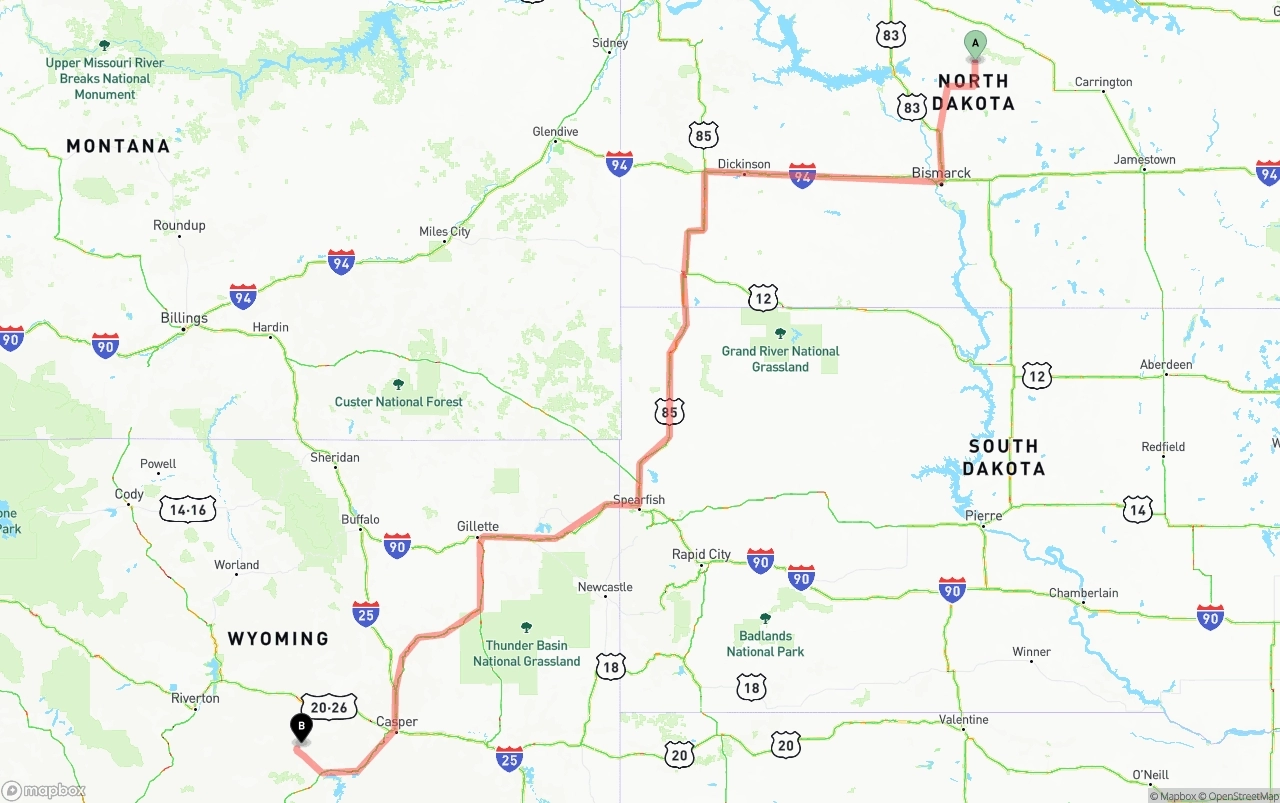 Shipping route from North Dakota to Wyoming