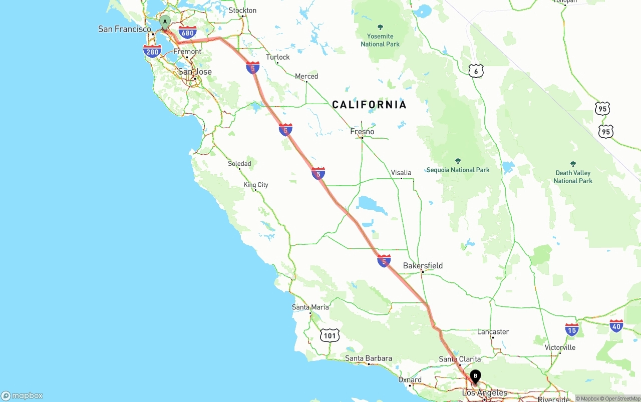 Shipping route from Oakland to Bob Hope Airport