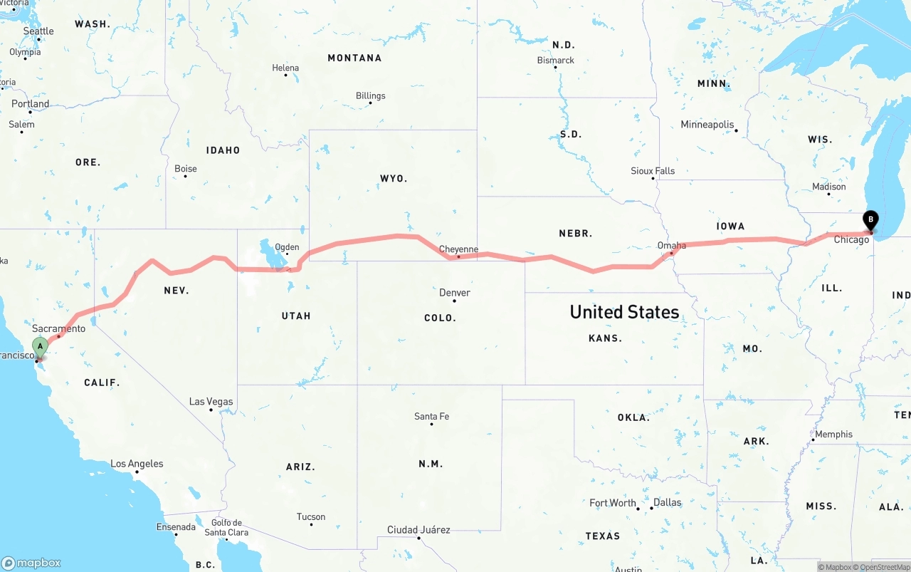 Shipping route from Oakland to Chicago