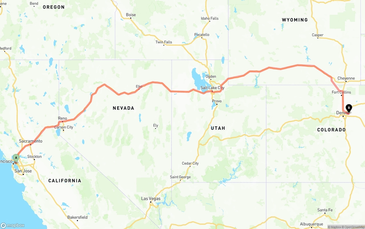 Shipping route from Oakland to Denver International Airport