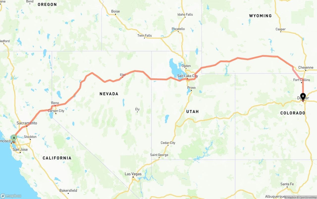 Shipping route from Oakland to Denver