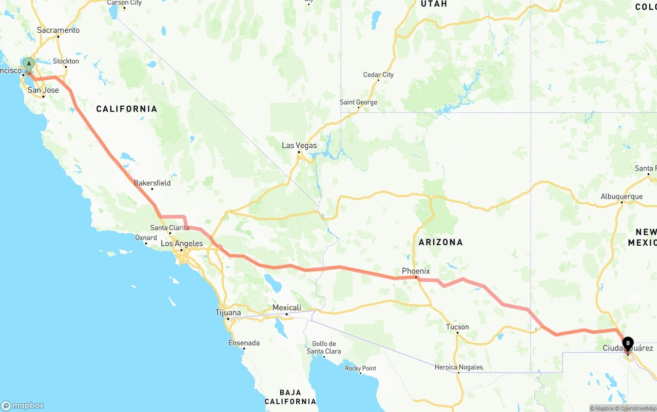 Shipping route from Oakland to El Paso