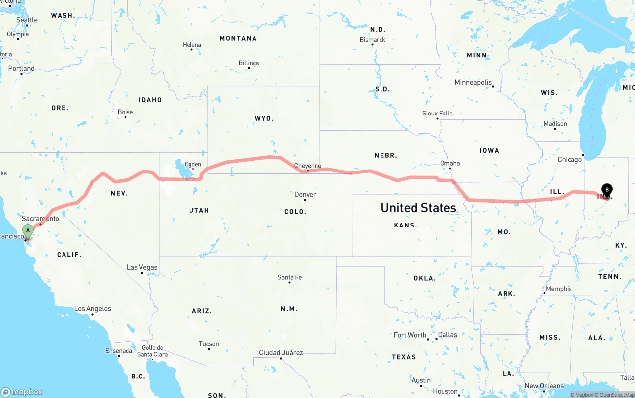 Shipping route from Oakland to Indianapolis