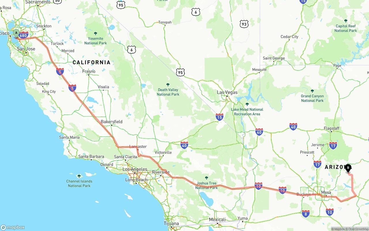 Shipping route from Oakland International Airport to Arizona