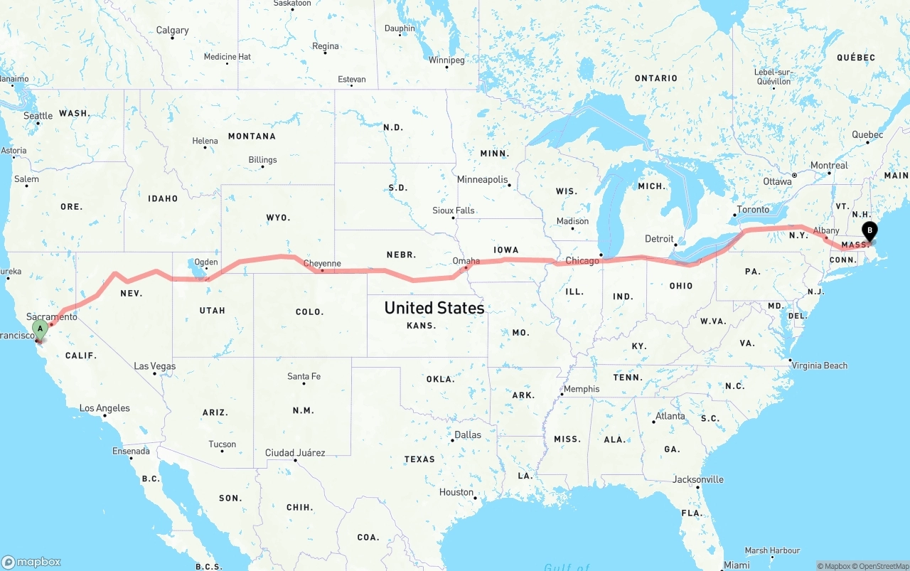 Shipping route from Oakland International Airport to Boston