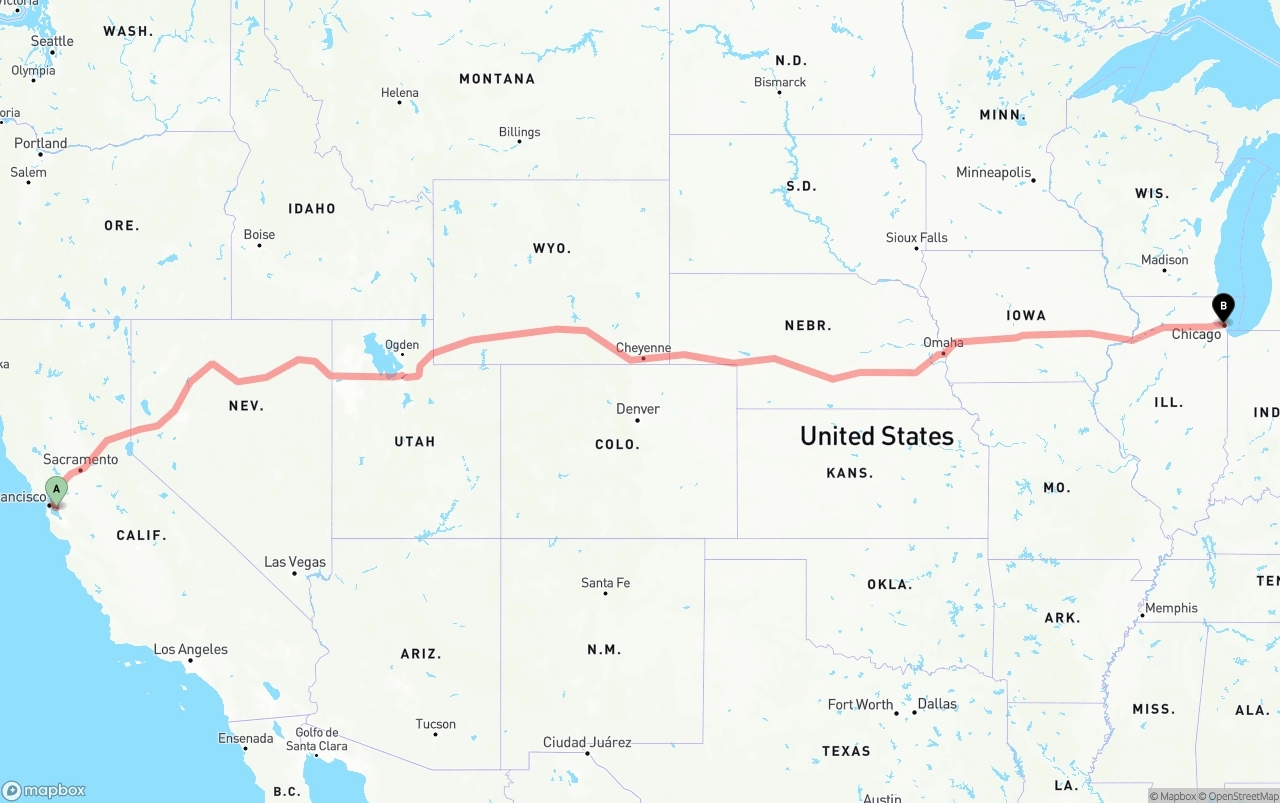 Shipping route from Oakland International Airport to Chicago