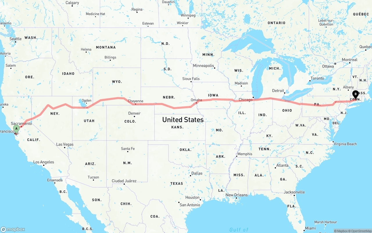 Shipping route from Oakland International Airport to Connecticut
