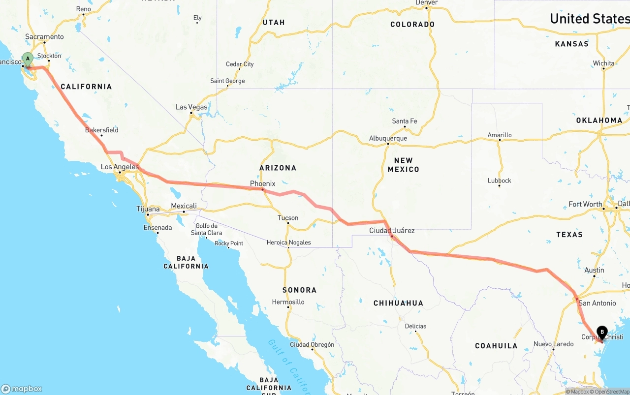 Shipping route from Oakland International Airport to Corpus Christi