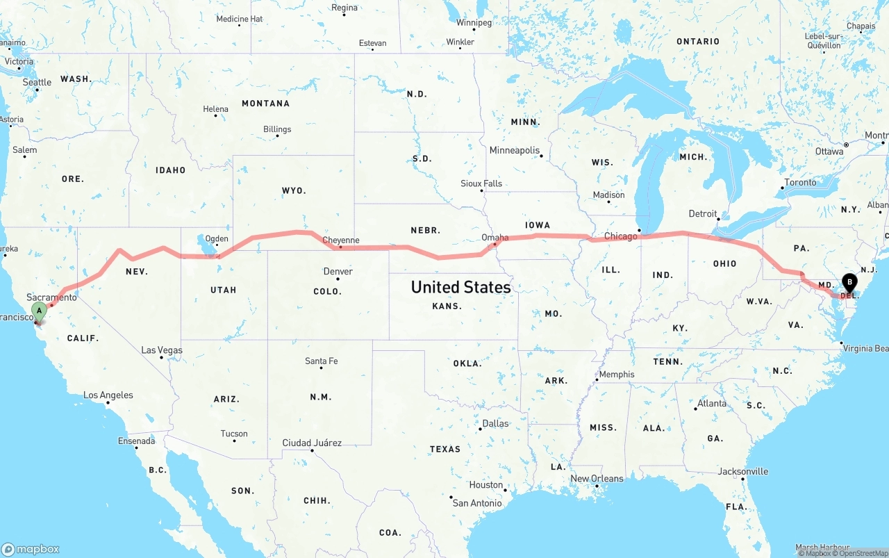 Shipping route from Oakland International Airport to Delaware