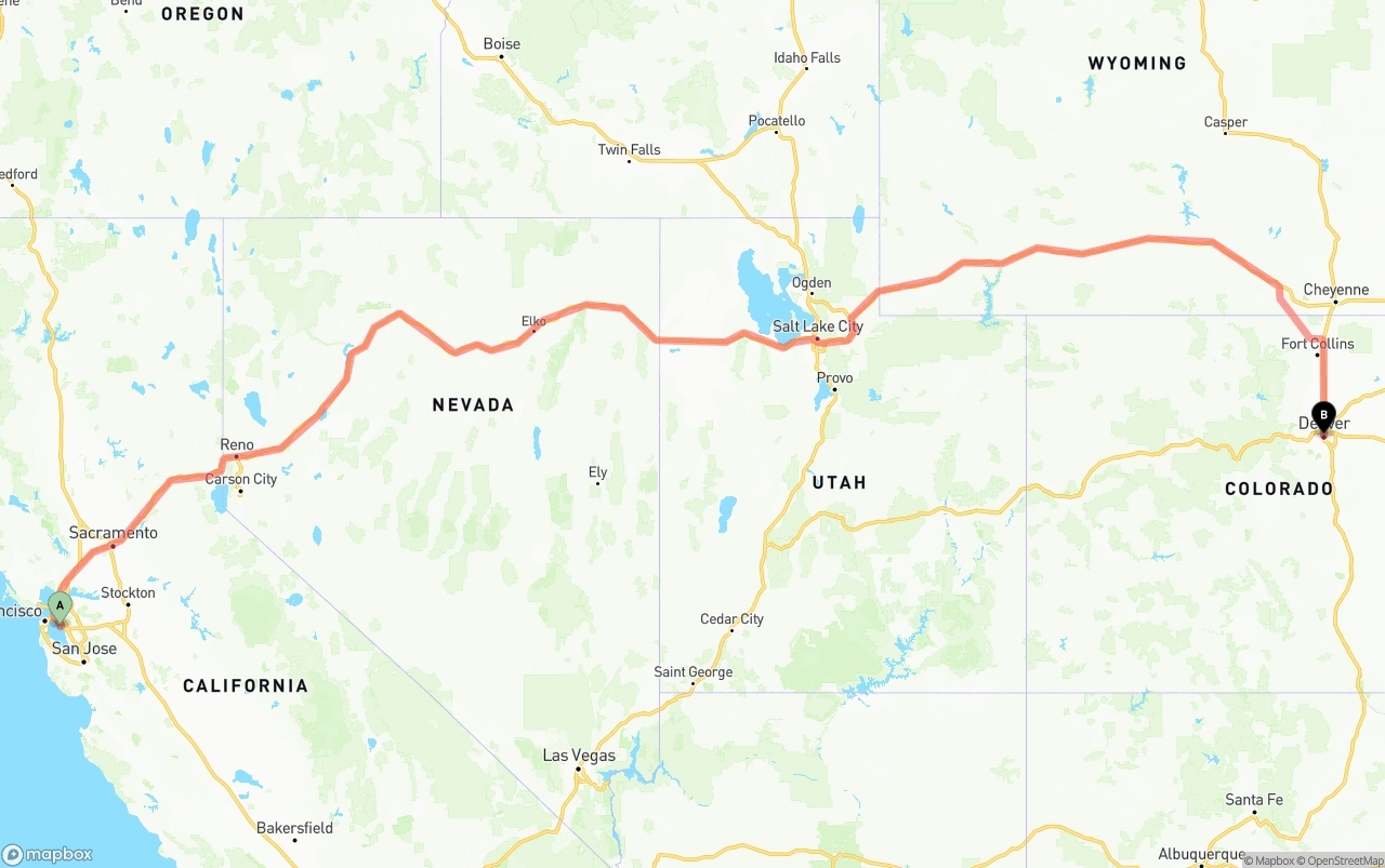 Shipping route from Oakland International Airport to Denver