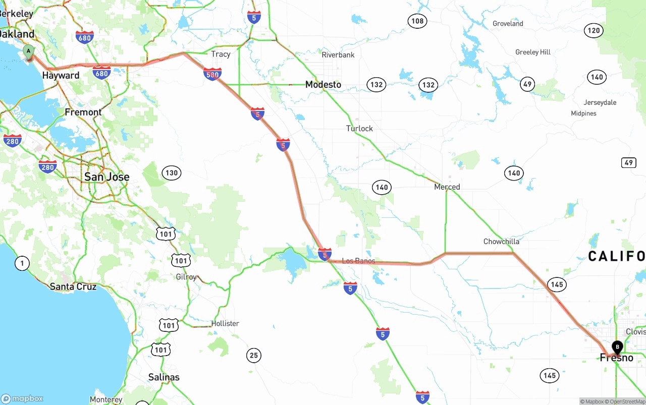 Shipping route from Oakland International Airport to Fresno