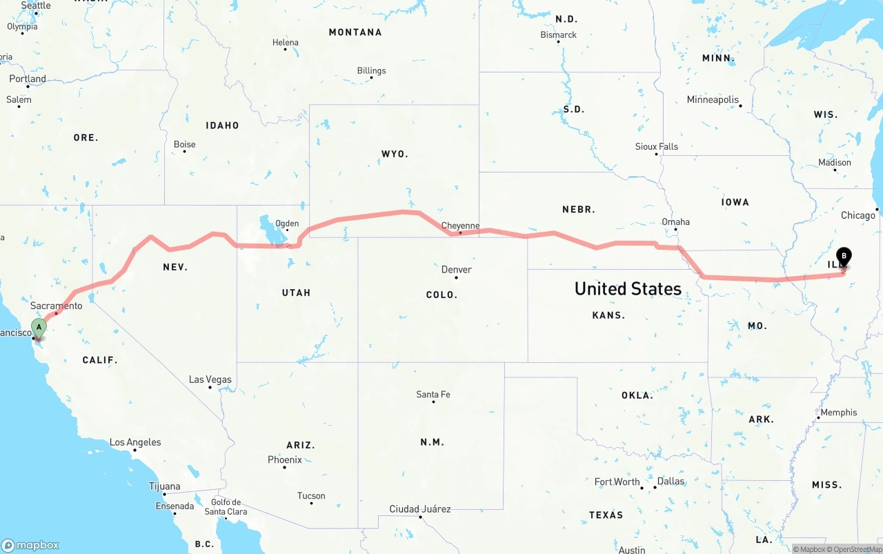 Shipping route from Oakland International Airport to Illinois