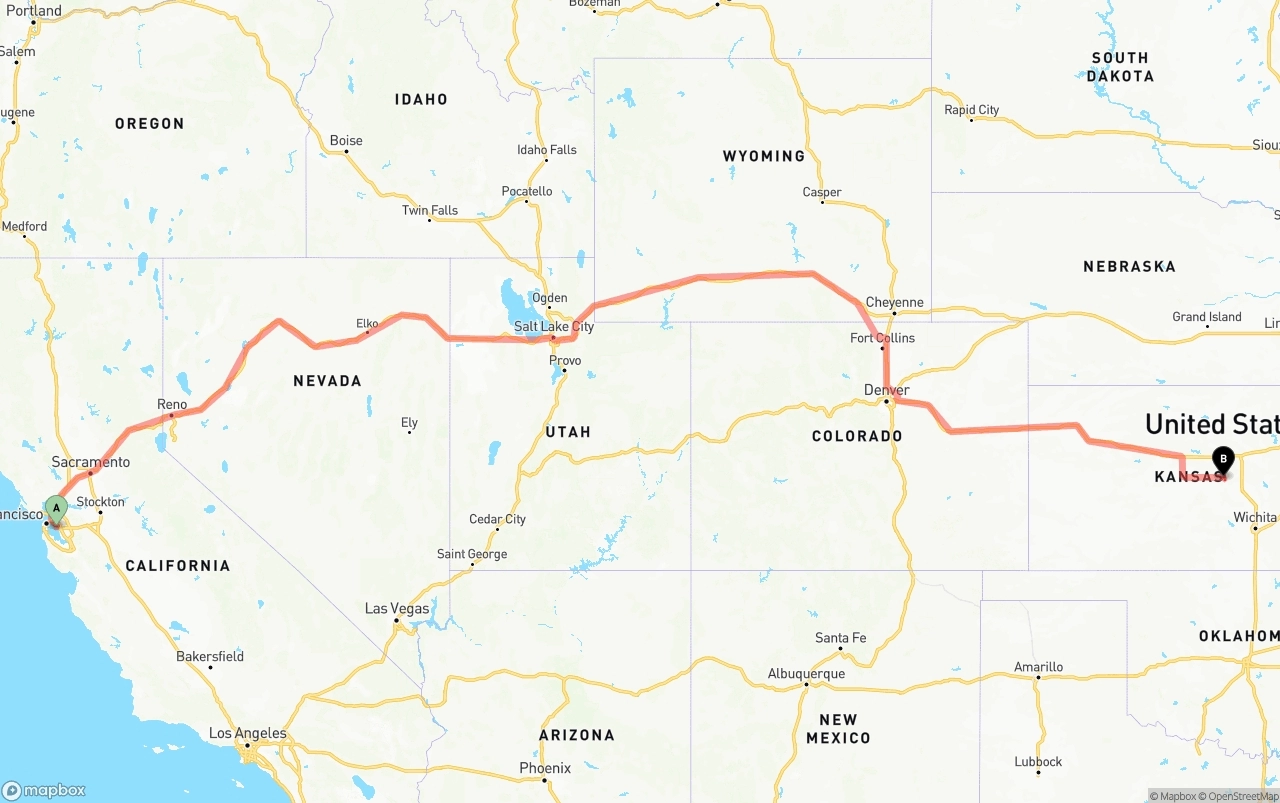 Shipping route from Oakland International Airport to Kansas