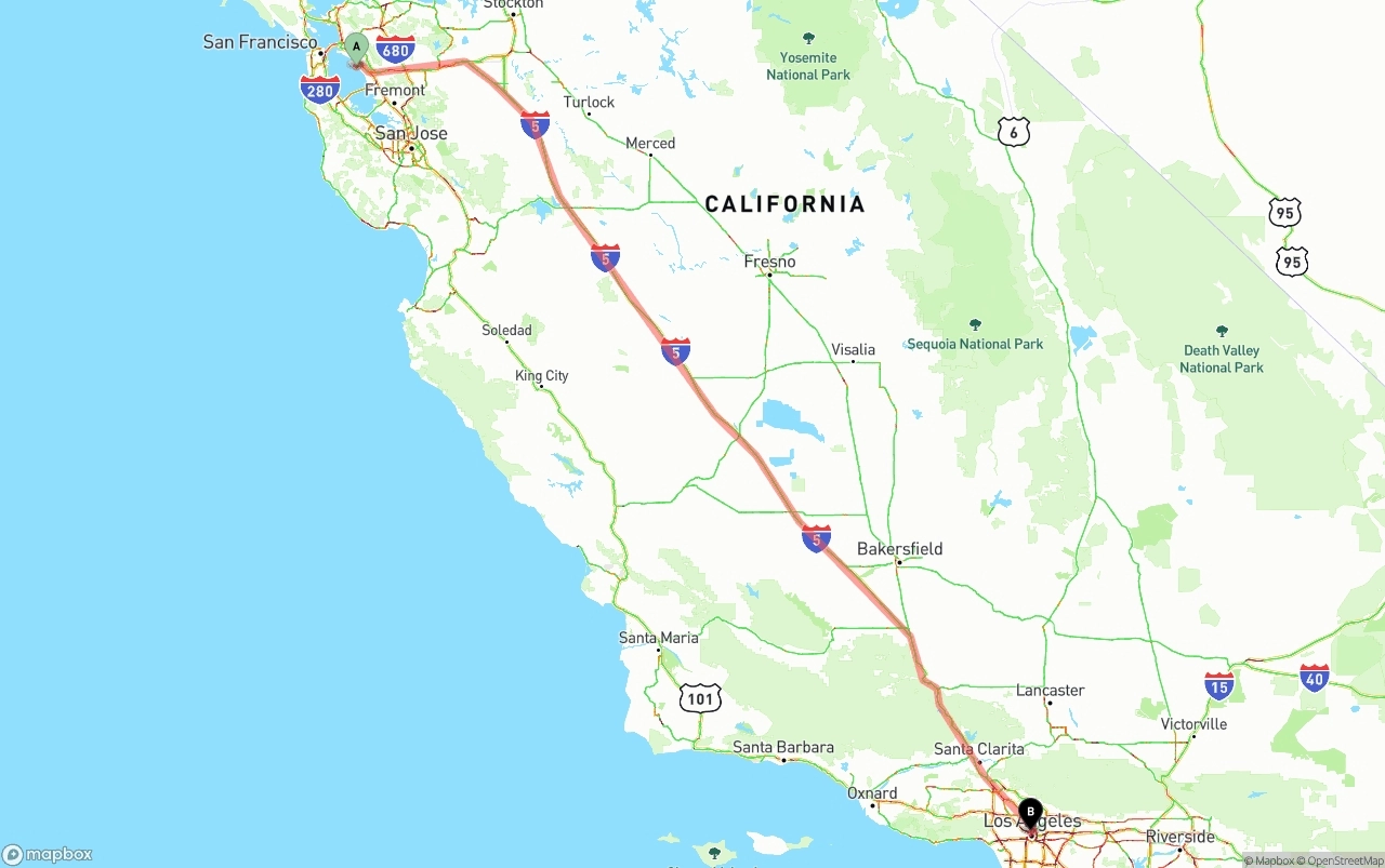 Shipping route from Oakland International Airport to Los Angeles