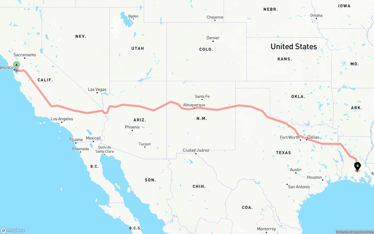 Shipping route from Oakland International Airport to Louisiana