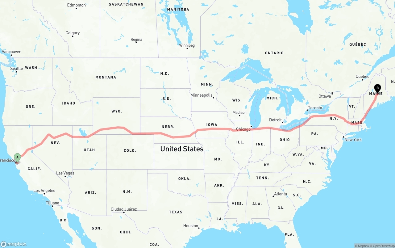 Shipping route from Oakland International Airport to Maine