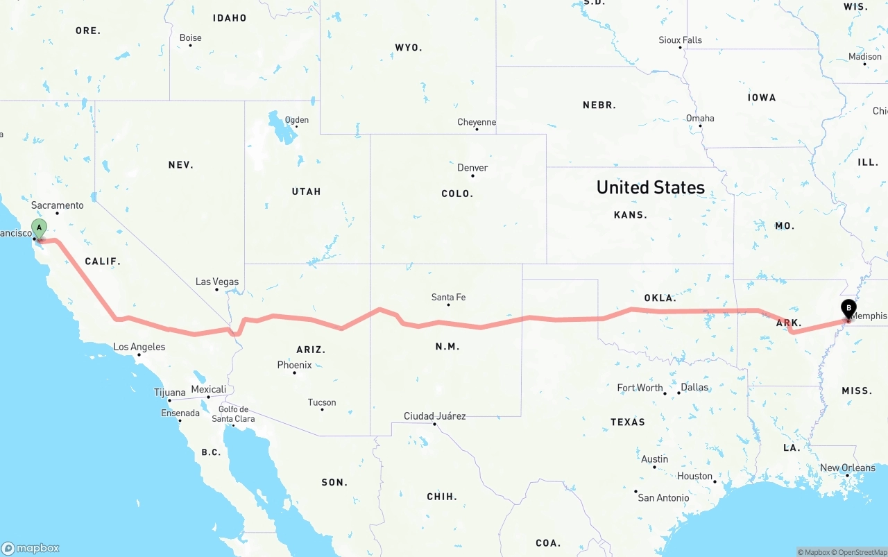 Shipping route from Oakland International Airport to Memphis
