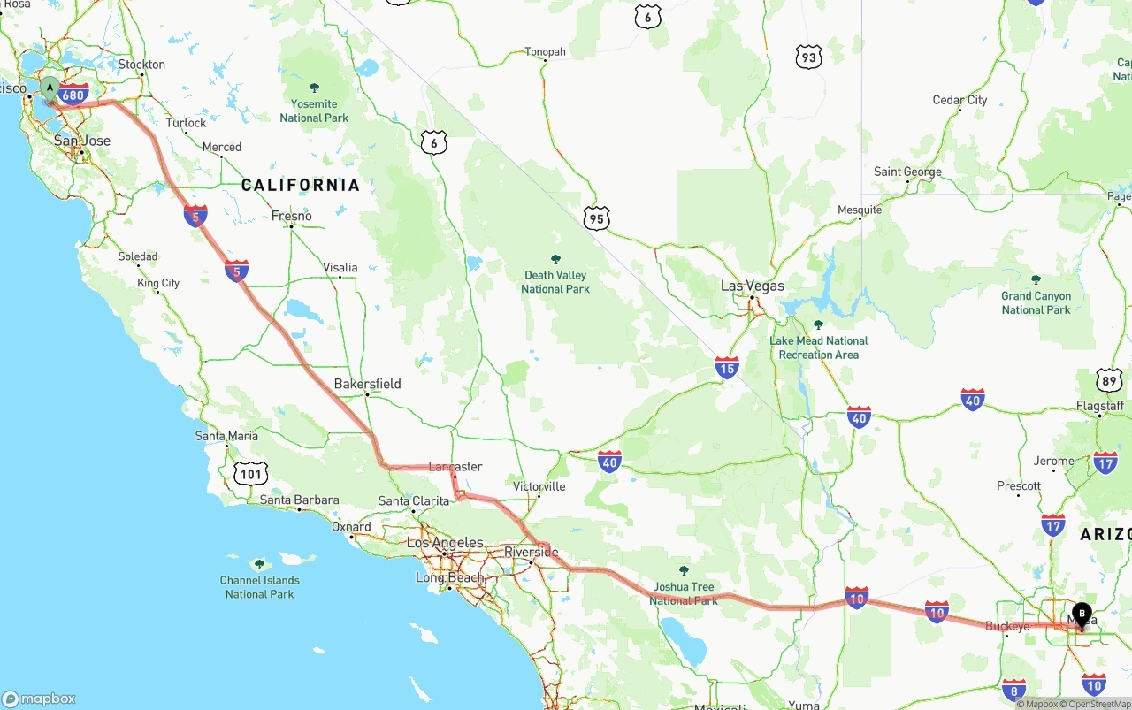 Shipping route from Oakland International Airport to Mesa