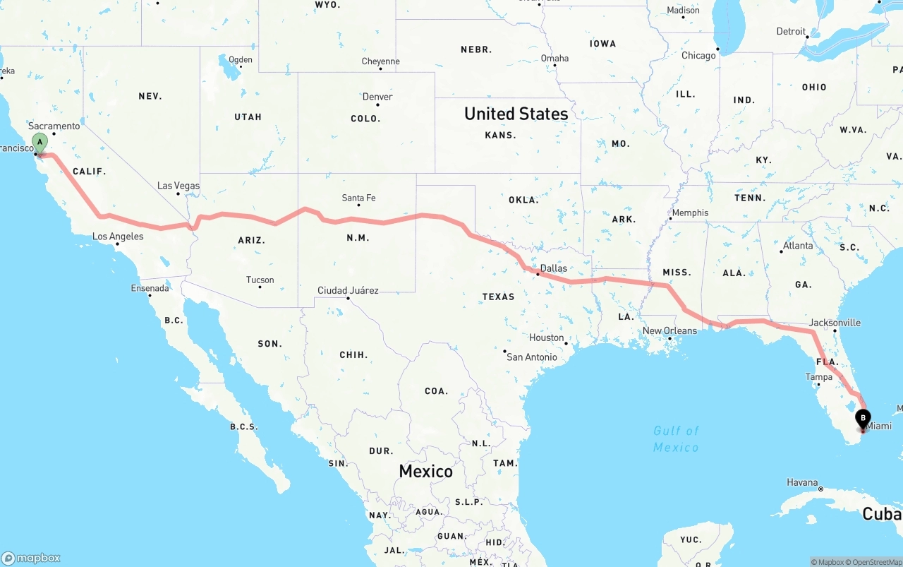 Shipping route from Oakland International Airport to Miami