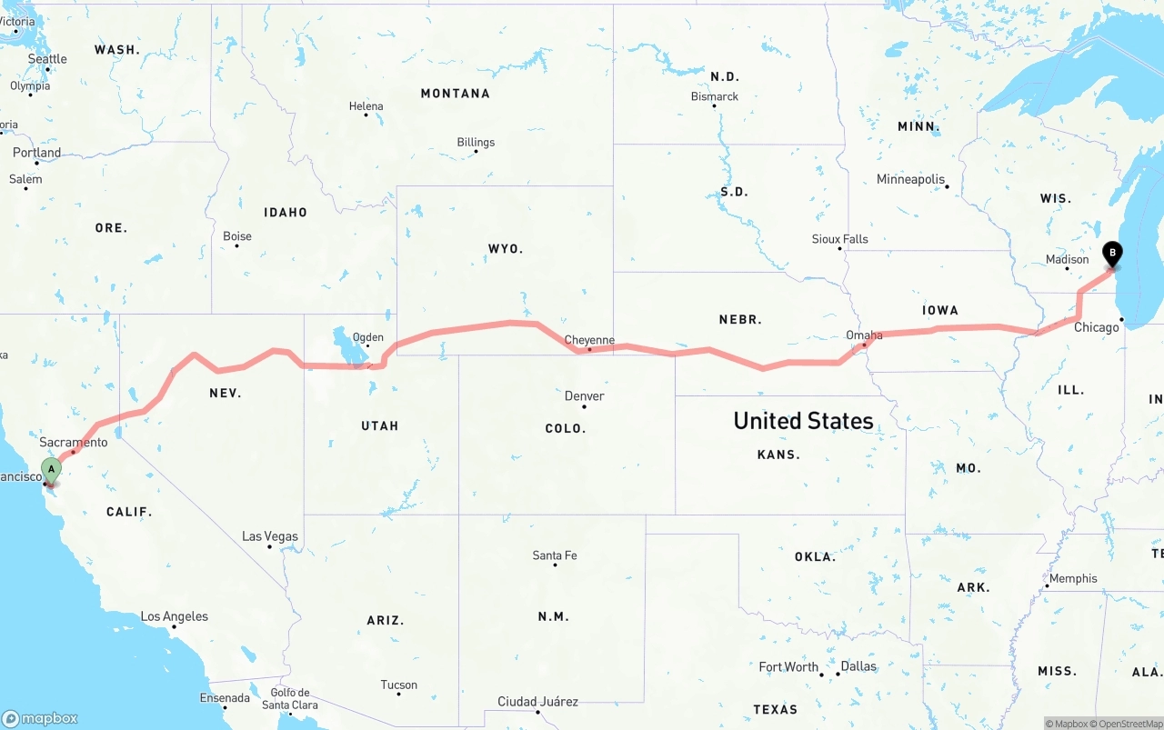 Shipping route from Oakland International Airport to Milwaukee