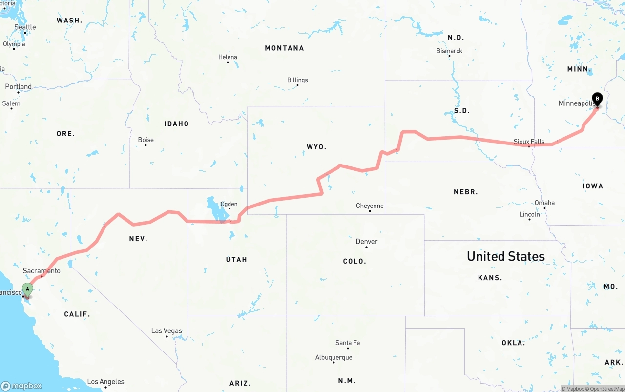 Shipping route from Oakland International Airport to Minneapolis